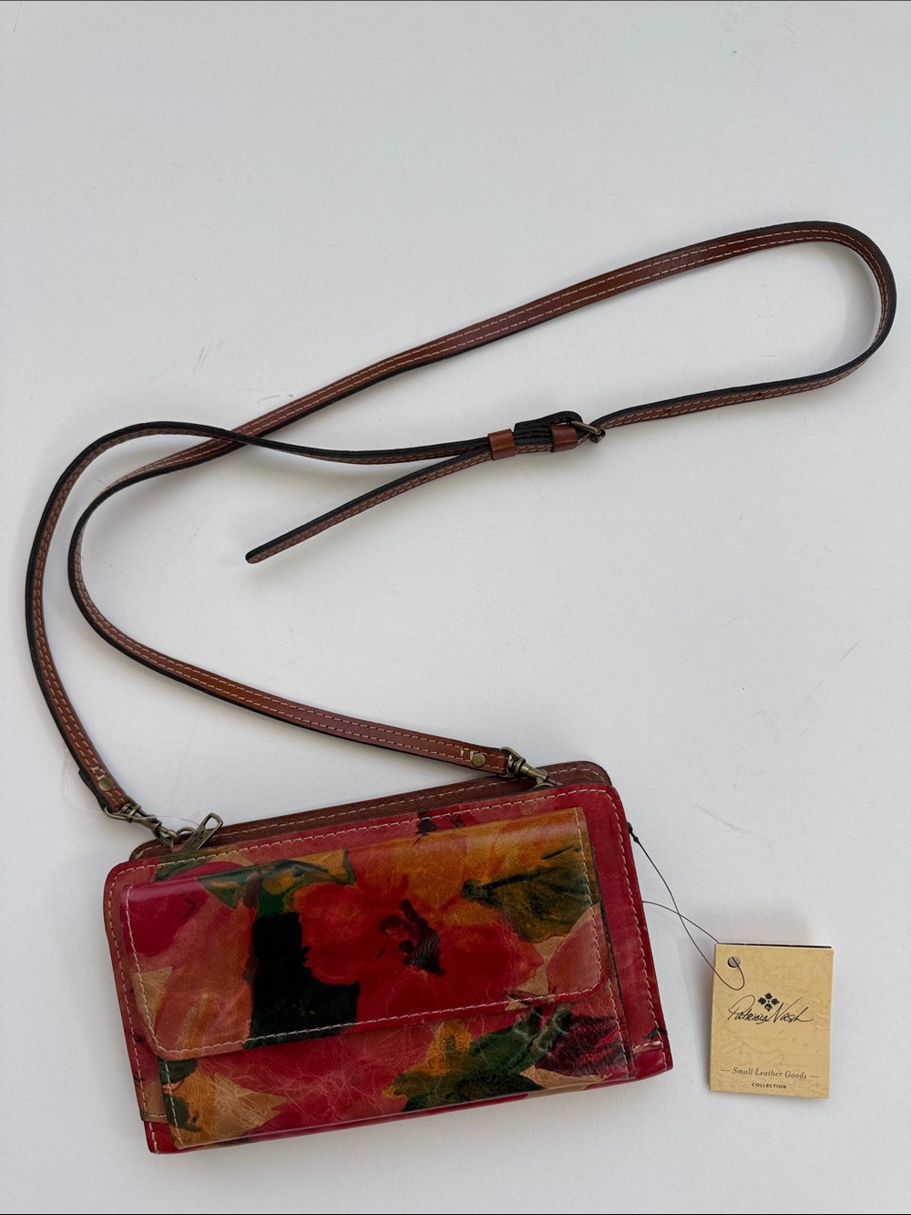 Patricia Nash NEW red floral leather crossbody wallet with brown strap